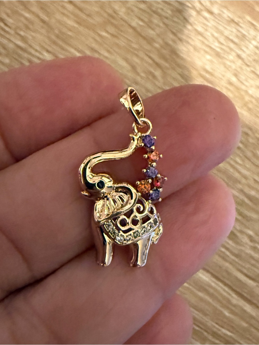 Gold Elephant Pendant Necklace with Purple and Orange Accent Stones